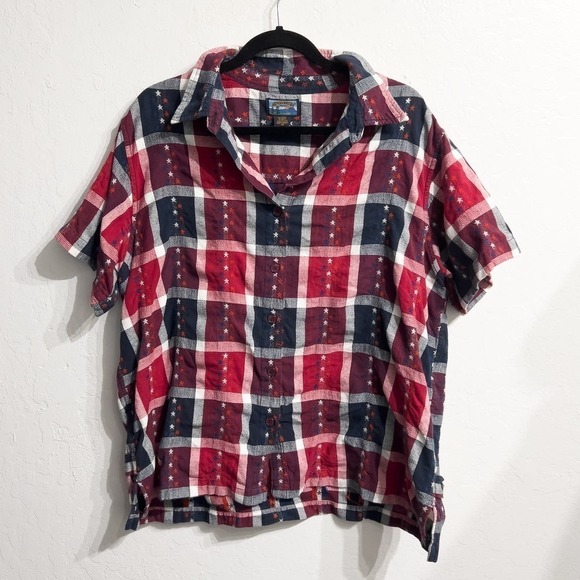 Shaver Lake Star America Button Down SHort Sleeve  Shirt 2X Red White Blue - Picture 1 of 5